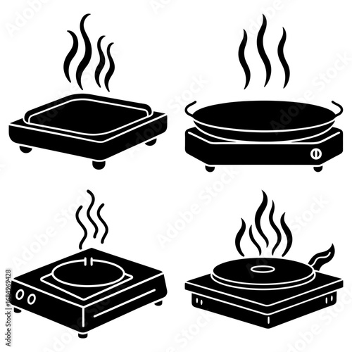 Four black kitchen appliances with steam rising from them in a vector illustration style image design