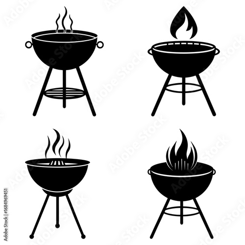 Four black silhouette illustrations of charcoal grills with flames and smoke on a white background