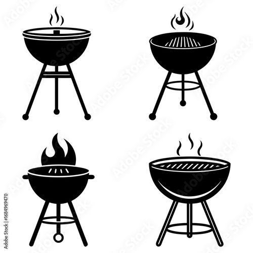 Four black and white barbecue grill icons with flames and smoke in a square arrangement on a white background