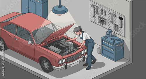 Isometric illustration of a female mechanic fixing vintage red car auto repair garage workshop service tools