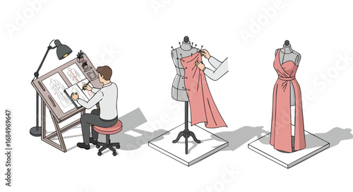 Fashion designer creating dress from sketch to finished product couture atelier tailoring elegant apparel illustration isometric