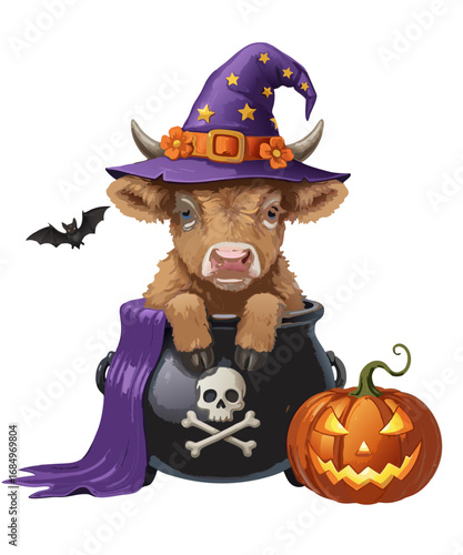 Cute highland cow wearing a witch hat sitting in a cauldron with a jack o lantern and a bat isolated on transparent background