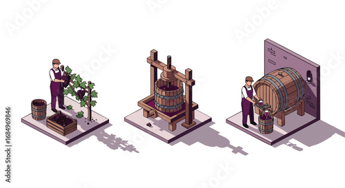 Traditional winemaking process isometric vector illustration stages grapes harvest pressing fermentation barrel cellar winery alcohol