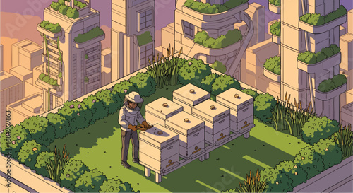 Isometric rooftop urban beekeeping scene with beekeeper at sunset sustainable city apiary green building honey production future environment
