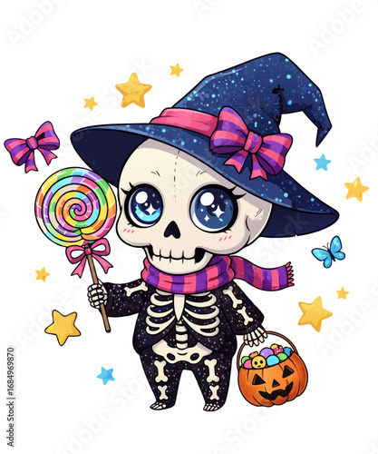 Cute kawaii skeleton witch holding lollipop and candy bucket with stars and butterflies isolated on transparent background