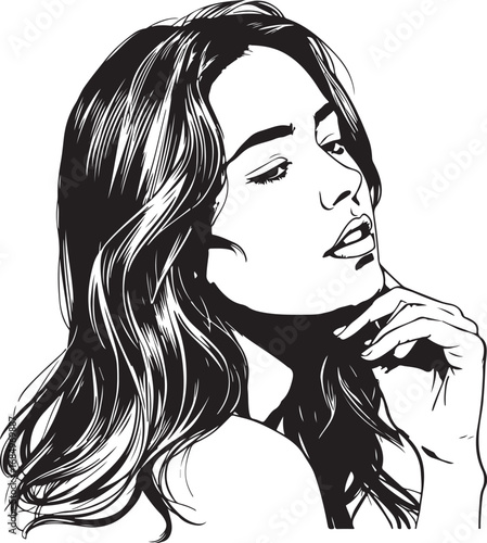 Elegant Woman Illustration in Black and White with Hand on Chin Expressing Confidence and Grace A Stylish Vector Portrait
