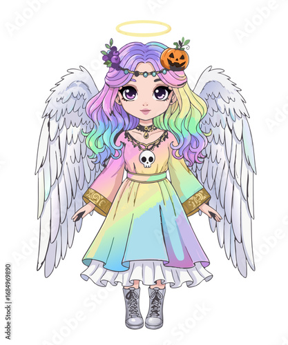 Cute anime style angel with rainbow hair and halloween pumpkin decoration isolated on transparent background