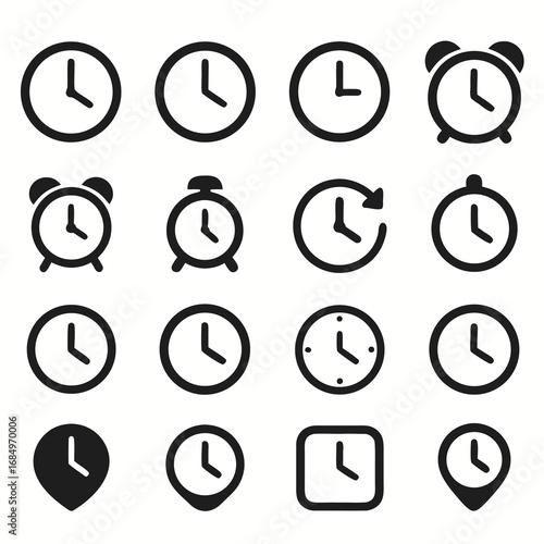 Clock icons set, collection and group. Wall clock, wristwatch, round timepiece, alarm, countdown, stopwatch, timer, schedule, punctuality, time management, watch, hour vector illustration design.