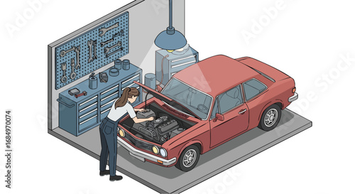 Young woman mechanic working on vintage car engine isometric auto repair workshop tools maintenance service illustration