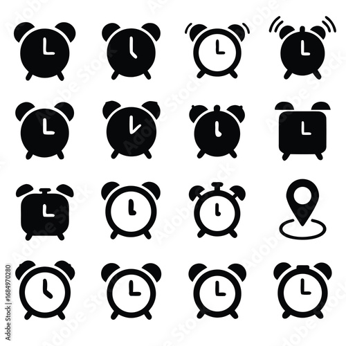 Alarm clock icons set, collection and group. Ringing bell, wake up, morning, timer, countdown, reminder, alert, bedtime, punctuality, time, wake signal, vector illustration symbol design.