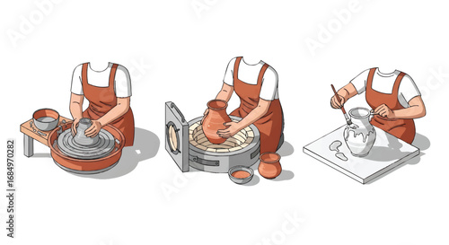 Artisan handcrafting pottery process illustration clay wheel kiln painting ceramics studio workshop handmade hobby art