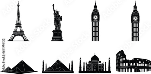 World landmark silhouettes, Eiffel Tower, Statue of Liberty, Big Ben, Pyramids, Taj Mahal, Colosseum, architecture, tourism, travel icons