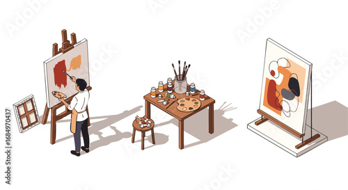 Isometric illustration of artist painting abstract art supplies studio painter creativity hobby easel palette brushes canvas