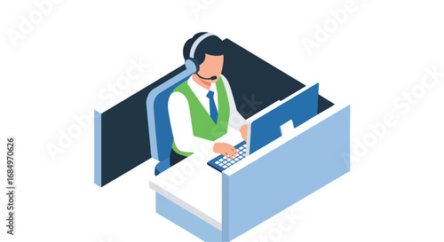 Isometric customer service agent wearing headset at desk illustration vector support call center operator online help flat design