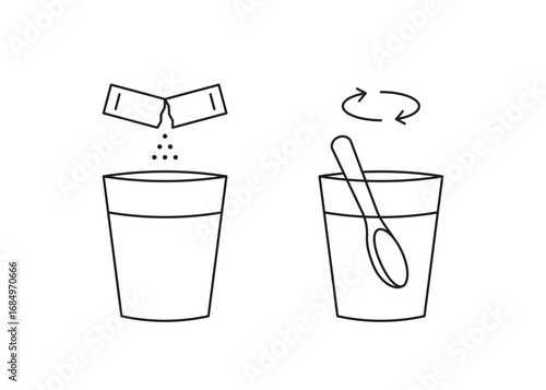 Pour sachet bag with soluble powder into glass of water, line icon. Open paper pack stick with powder and stir. Soluble bag medication or food sugar, salt, coffee. Symbol pouch. Vector illustration