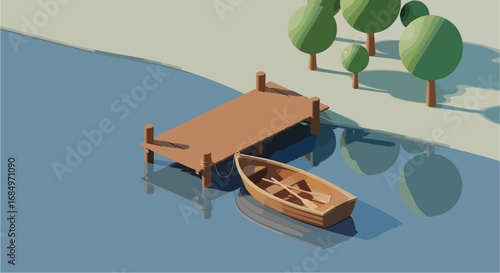 High angle view of wooden dock boat calm water isometric vector nature lake recreation tranquility