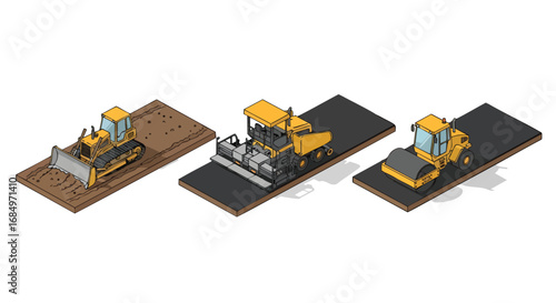Isometric heavy equipment road construction process vector set bulldozer paver roller asphalt flat design industrial transport