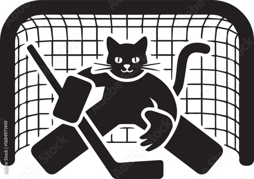 Black cat hockey goalie silhouette defending the net with stick
