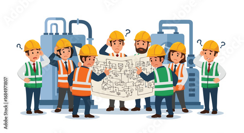 Engineers workers examine complex technical blueprint showing confusion industrial problem design analysis challenge construction project planning teamwork solution dilemma hardhat safety