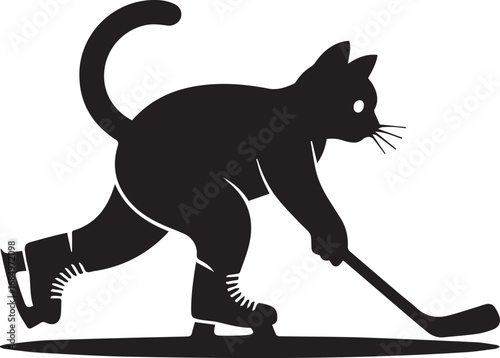 Playful black cat silhouette on ice skates playing hockey silhouette