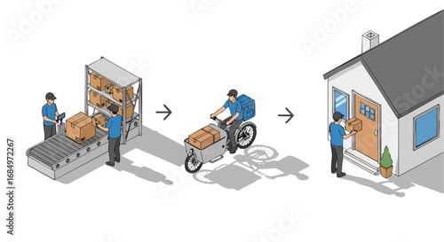 Isometric package delivery service logistics process to home warehouse shipping courier bicycle ecommerce order supplychain