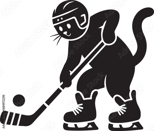 Cartoon cat playing ice hockey in silhouette