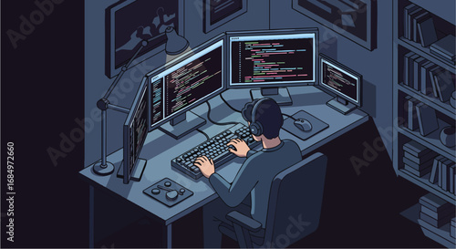 Night coder working multiple monitors desk setup developer programmer coding computer dark room illustration vector