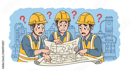 Confused construction workers examining complicated blueprint design industry problem stress error dilemma engineering factory vector