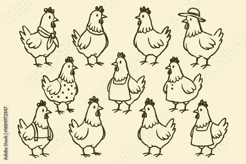 Chickens set sketch outline farm poultry vector illustration