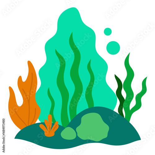 Green kelp and coral reef with rocks ocean underwater vector on white background.