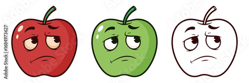 Sad Cartoon Apple Emoticons in Color and Outline