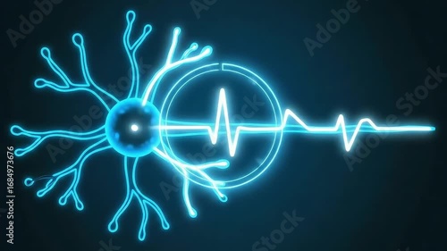 artificial intelligence neuron processing data, depicted as a glowing blue digital pulse on a circuit