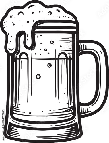 Hand drawn beer mug with overflowing foam illustration for posters and social media promotions with a rustic charm vintage style