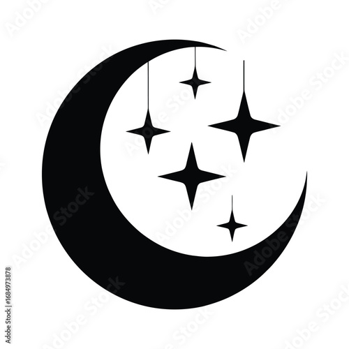 Black and white minimal flat vector illustration of crescent moon with three small stars in simple celestial night sky design