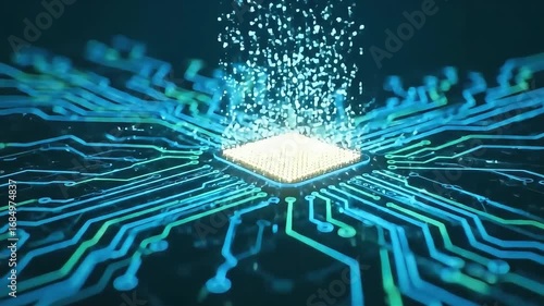neural network processor on a circuit board with glowing sparks of digital information flow