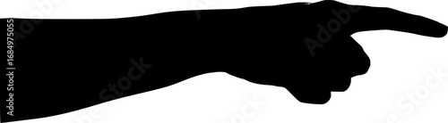 Black silhouette of a human hand pointing to the right with index finger extended against a white background
