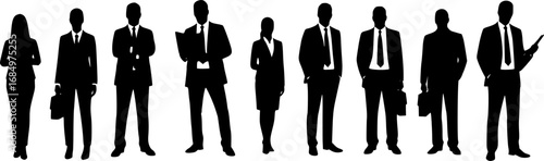 A diverse group of business professionals standing together in a line silhouette
