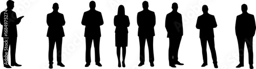 A diverse group of business professionals standing together in a line silhouette
