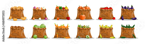 Colorful vector illustration showing various vegetables like potatoes, onions, carrots, and more inside brown paper bags on white background.