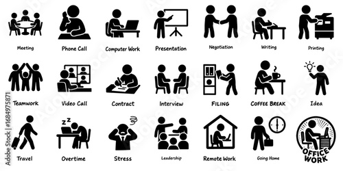 ビジネスシーンを表すシンプルなシルエットイラスト、Simple Silhouette Illustrations of Business Scenes