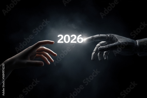 Human Child Hand and Robotic Baby Hand Reaching Toward Luminous 2026 – Futuristic AI Era Concept Inspired by Creation of Adam