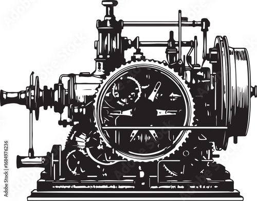 Intricate Steampunk Machine Illustration Detailed Mechanical Apparatus Vector Graphic Black and White Vintage Design Engineering Concept Innovation Technology Artwork