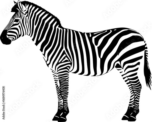 Striking black and white zebra standing profile view in a bold graphic silhouette style
