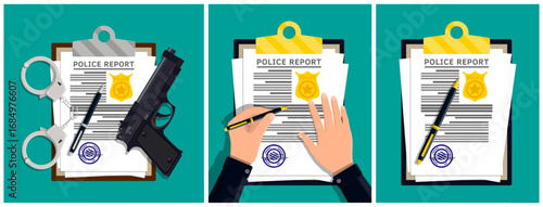 Police report clipboard concept with gun and handcuffs. Flat design of law, order and crime investigation set.