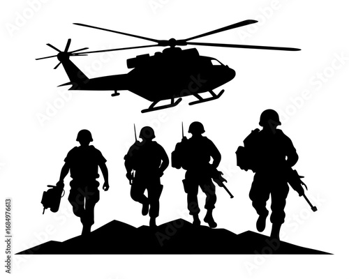 Soldiers and Helicopter silhouette vector illustratioin