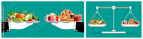 Man hand with unhealthy fast food hamburger and chooses healthy fruit and vegetable smoothie. Diet concept for good health.