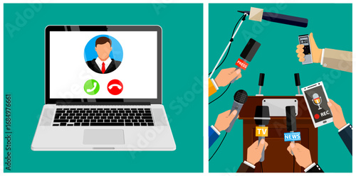 Laptop with man on video call and hands holding microphones. Online meeting, press conference. Remote communication and public speaking concept.