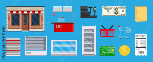 Set of supermarket and retail store equipment. Collection of shopping elements. Customer service cashier, grocery shelves, shopping cart, basket, receipt, bank card.