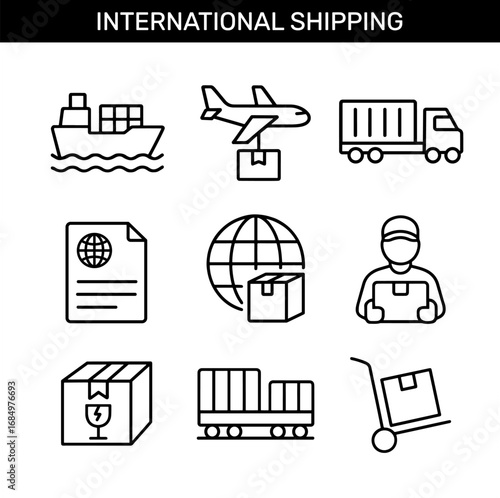International shipping outline icons set. Cargo ship, airplane delivery, truck transport, customs document, global logistics, courier, fragile package, freight train, warehouse trolley