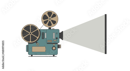 Vintage film projector casting light onto a blank screen.